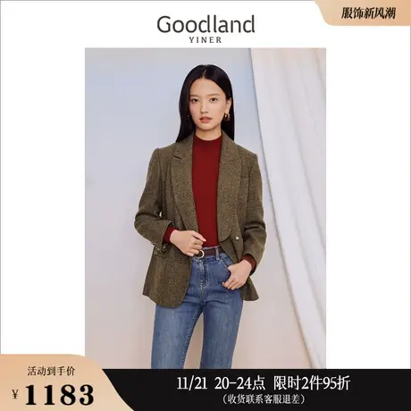 Goodland美地女装2023秋季英伦学院风格纹翻领西装羊毛呢外套商品大图