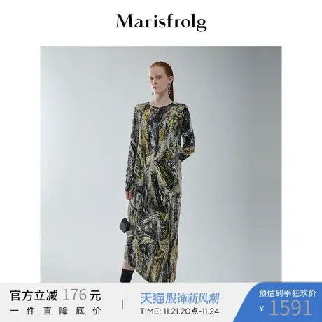 【羊毛面料】玛丝菲尔冬季新款灰色侧位抽绳印花褶皱羊毛连衣裙图片