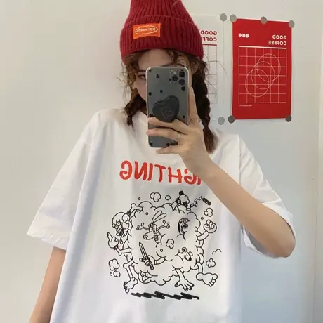港风短袖t恤女装2021新款夏季宽松韩版纯棉设计感小众上衣服ins潮商品大图