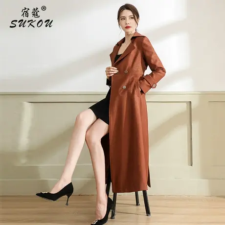 时尚橘红色风衣外套2024年新款秋装双排扣收腰气质长款过膝大衣女商品大图