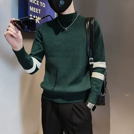 秋冬男毛衣针织衫打底衫线衣修身套头潮流半高领时尚潮牌条纹体恤商品大图
