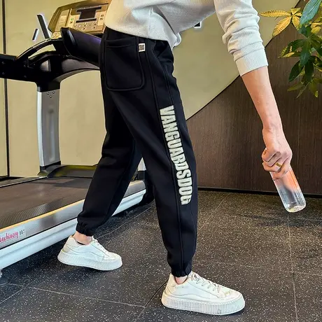 潮牌加绒字母印花卫裤男冬季2023新款重磅加厚宽松哈伦束脚休闲裤图片