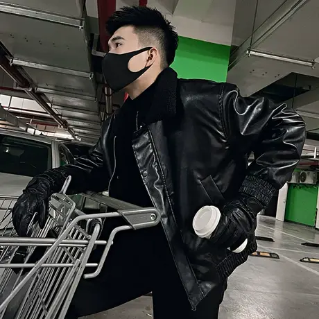 皮衣外套男冬季2023轻熟防寒加厚机车服潮牌痞帅拼接毛领棉衣夹克图片