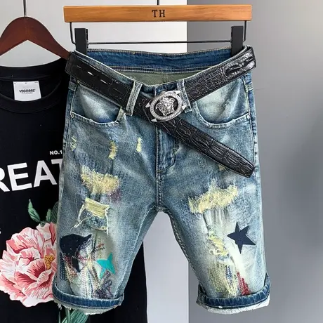 潮牌破洞牛仔短裤男补丁刺绣花五分裤男士韩版潮流中裤个性马裤男商品大图