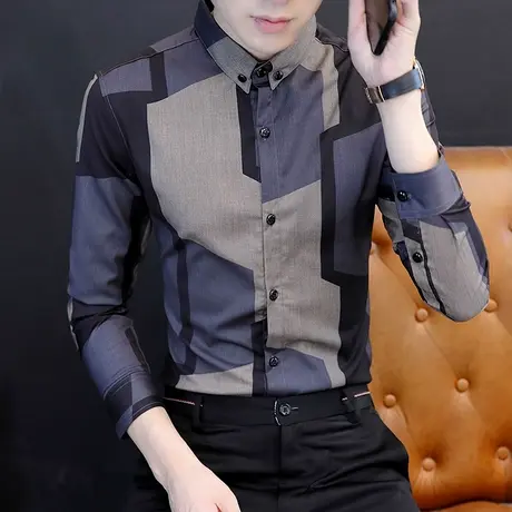 潮牌春秋季新款2023男士长袖衬衫高级感时尚痞帅夏装韩版格子衬衣商品大图