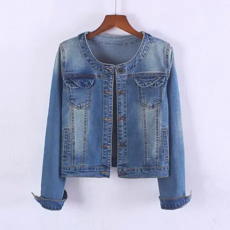 牛仔外套女春秋短款修身新款显瘦长袖牛仔服上衣大码圆领弹力商品大图