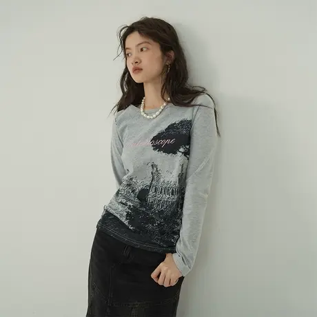 omont蛋挞家 复古印花长袖T恤女秋新款正肩圆领修身显瘦上衣商品大图