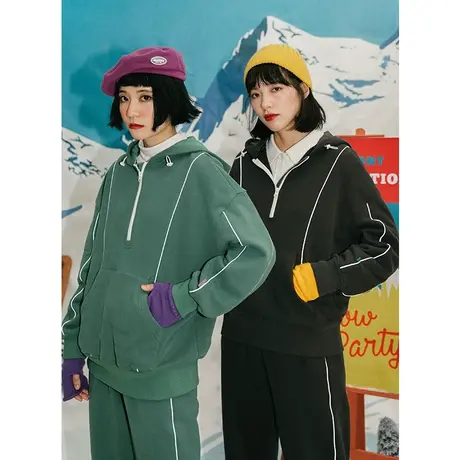 omont蛋挞家 复古宽松拉链连帽加绒卫衣女学生束口运动长裤 套装商品大图