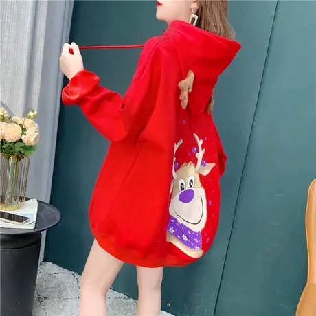 圣诞小鹿加绒加厚连帽卫衣女2021新款秋冬洋气减龄宽松设计感外套商品大图