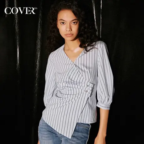 COVER秋季色织条纹不对称斜褶衬衫商品大图