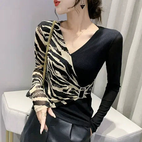女装2024新款潮性感V领交叉长袖T恤豹纹拼接上衣百搭打底衫女春秋商品大图