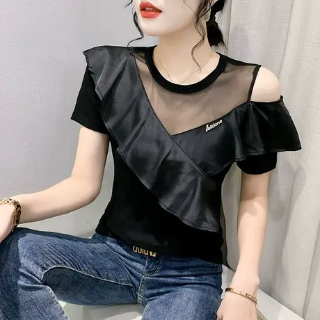 网纱拼接T恤女短袖2024夏新款设计感荷叶边上衣性感露肩心机小衫图片