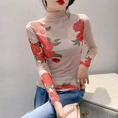 复古印花打底衫女内搭时尚网纱半高领上衣秋冬气质修身T恤长袖ins商品大图