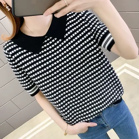 夏季新款韩版娃娃领短袖冰丝针织衫女薄款别致小个子减龄显瘦上衣商品大图