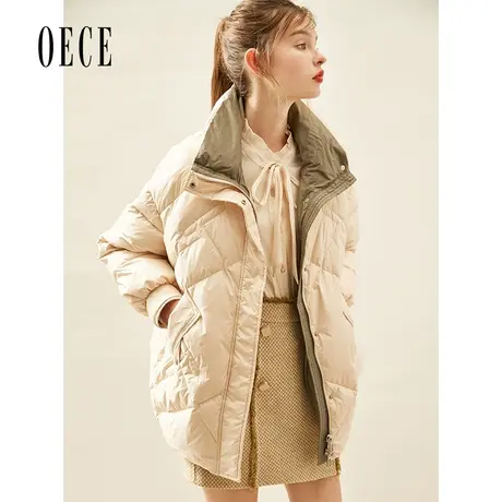 Oece秋冬新款女装 撞色复古学院风羽绒服小个子外套图片