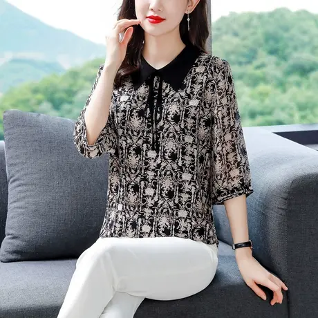 高端真丝桑蚕丝衬衣女夏季2023年新款复古翻领半袖薄款大码女上衣图片