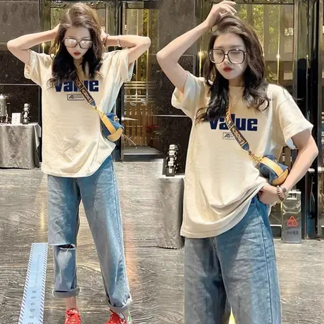 欧货上衣纯棉短袖t恤女中长款宽松大码港味chic上衣休闲时尚百搭图片