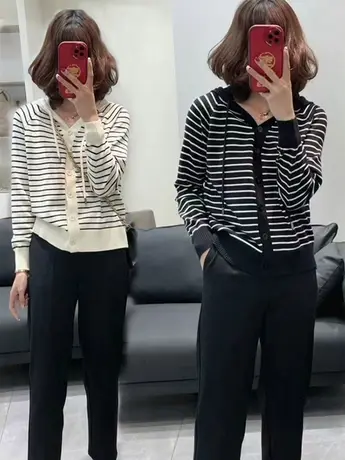 2023春秋季新款长袖连帽针织衫女遮肚子开衫外套条纹显瘦宽松上衣图片