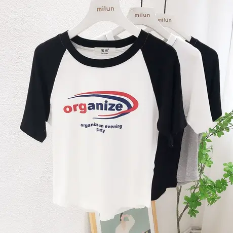 韩国东大门短款高腰上衣2022夏季港味原宿风复古插肩袖T恤短袖女图片