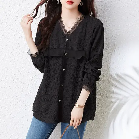 V领蕾丝雪纺衫女春秋季新款宽松加大码女装胖MM洋气小衫长袖上衣图片