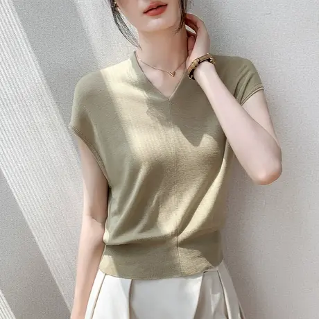 V领无袖T恤女夏纯色韩版宽松简约bf坎肩薄款冰丝连肩针织短袖上衣图片