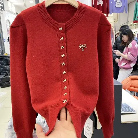 2023新年大红色新款韩版宽松纯色长袖开衫蝴蝶结洋气套头毛衣上衣商品大图