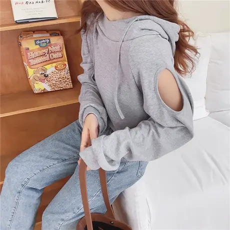 2024新款连帽T恤女春秋韩版洋气减龄显瘦打底小衫设计感长袖上衣商品大图