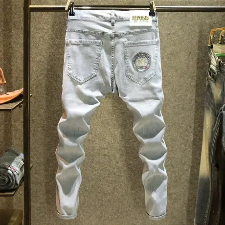 夏季欧洲站男士牛仔裤高级灰色修身小脚裤高端刺绣潮牌裤子男弹力商品大图