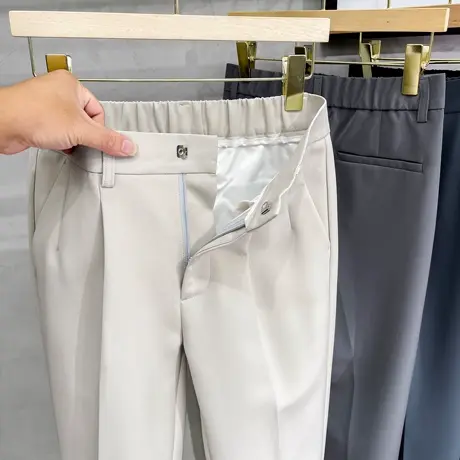 2023春季松紧腰净色锥形九分西裤男士英伦免烫修身小脚裤休闲裤子图片