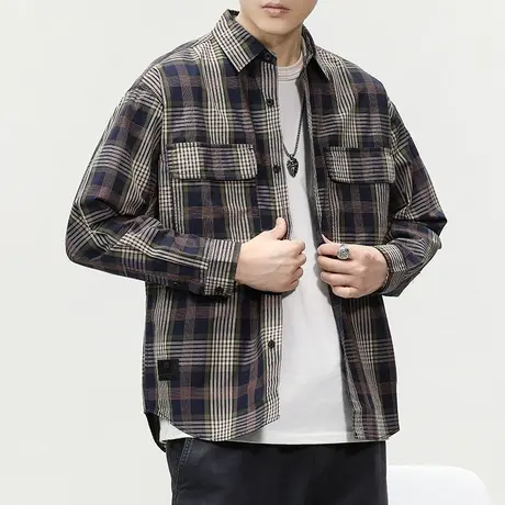 百搭工装衬衫外套衬衫男款痞帅高级感长袖衬衫男款潮流格子衬衫图片