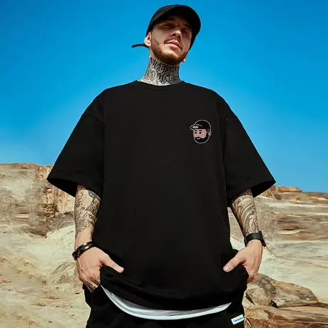 300g重磅美式加肥加大短袖t恤街头大码男装黑色圆领纯棉简约半袖商品大图