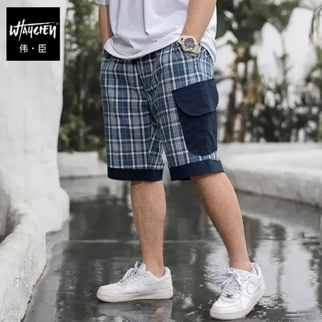 伟臣潮流大码男装夏季格子短裤胖子休闲日系复古机能沙滩裤肥佬裤商品大图