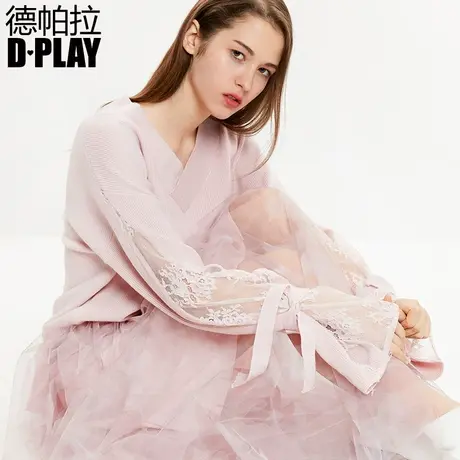 DPLAY德帕拉春新品欧美粉色蕾丝拼接宽松毛衣喇叭袖针织衫女商品大图