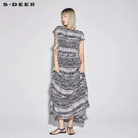sdeer 圣迪奥女装简约圆领松紧束腰异域风印花连衣裙S18281261图片