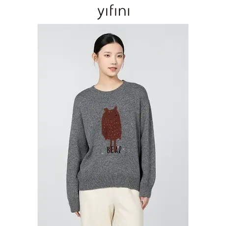 Yifini/易菲宽松落肩圆领毛衫女冬季新款百搭通勤针织衫上衣商品大图