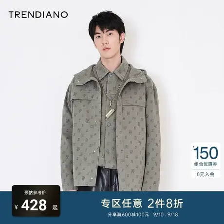 TRENDIANO官方潮牌春秋男装全棉仿牛仔TR提花连帽休闲夹克外套男商品大图