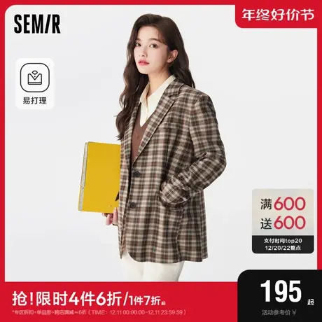 森马外套女中长款宽松易打理时尚通勤秋季盐系格纹休闲西服复古风商品大图