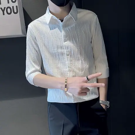 夏季男士七分袖衬衣修身短袖中袖潮流发型师波浪条纹休闲帅气衬衫商品大图