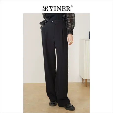 *YINER音儿奥莱女装2022春季新款高腰男友风直筒拖地休闲裤商品大图