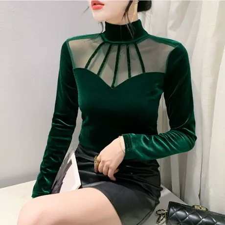 春秋2024新款T恤镂空网纱丝绒拼接洋气内塔上衣女修身长袖打底衫图片