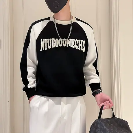 复古撞色男士卫衣春秋季美式休闲长袖T恤打底衫上衣潮ins早秋外套商品大图