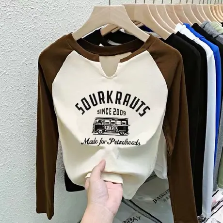 咖色长袖t恤女2024春季小个子修身印花上衣V领内搭加绒打底衫体恤商品大图