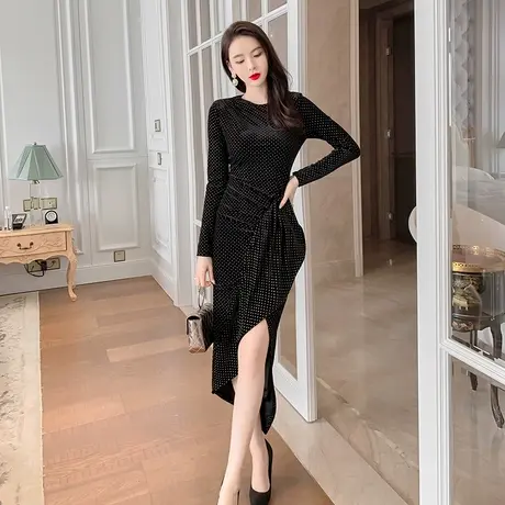 秋冬季小众高定轻奢晚礼服宴会气质平时可穿中长款修身显瘦连衣裙商品大图