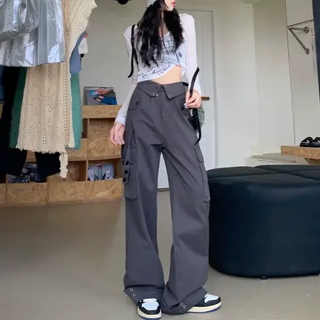 灰色休闲裤女阔腿宽松工装2024年新款春款小个子显高设计感直筒裤图片