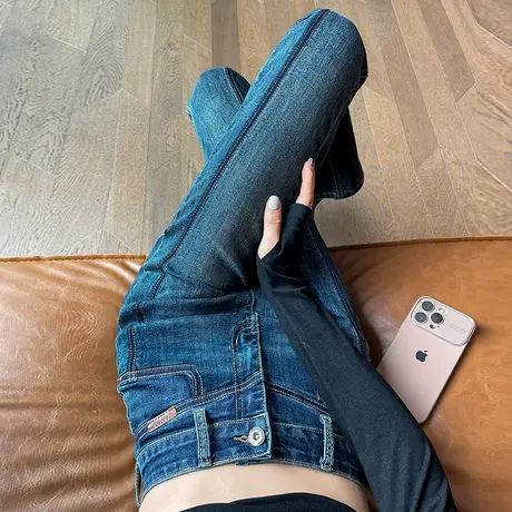 拼接撞色微喇牛仔裤女2024春秋新款高腰显瘦直筒马蹄裤窄版喇叭裤商品大图