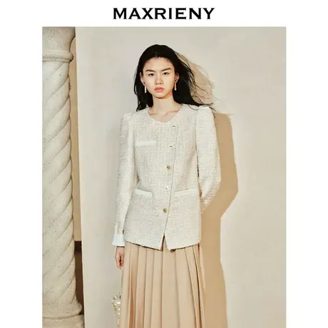 [3件8折]MAXRIENY复古玉饰斜襟撞色小香长外套24春高级气质感商品大图