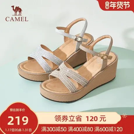 骆驼女鞋夏季新款水钻一字带休闲增高坡跟厚底罗马女时装凉鞋图片