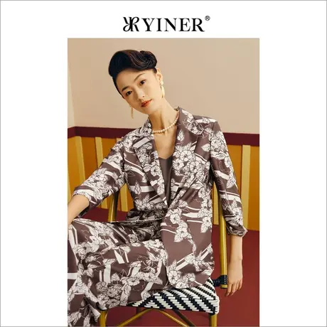 YINER音儿女装夏季法式优雅通勤七分袖印花西装休闲外套商品大图