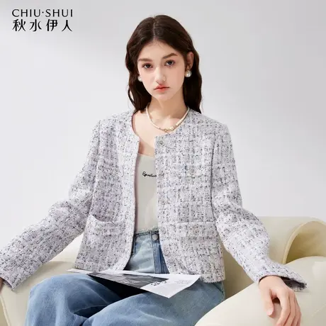秋水伊人初春甜美紫色小香风外套女2024早春新款毛呢圆领女装上衣图片