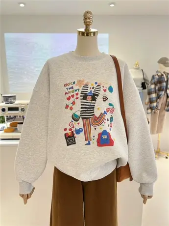 卡通趣味韩系2024春季新款小众减龄宽松圆领套头卫衣女外套单穿图片